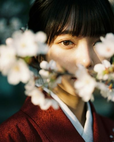 Wabi Sabi Kimono Portrait Through Blossoms