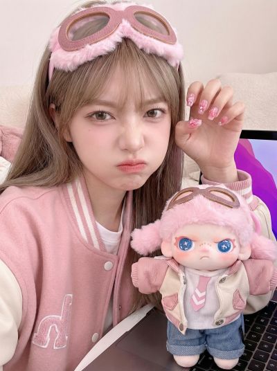 Pink Jacket Girl Mimics Chibi Doll Warm Portrait