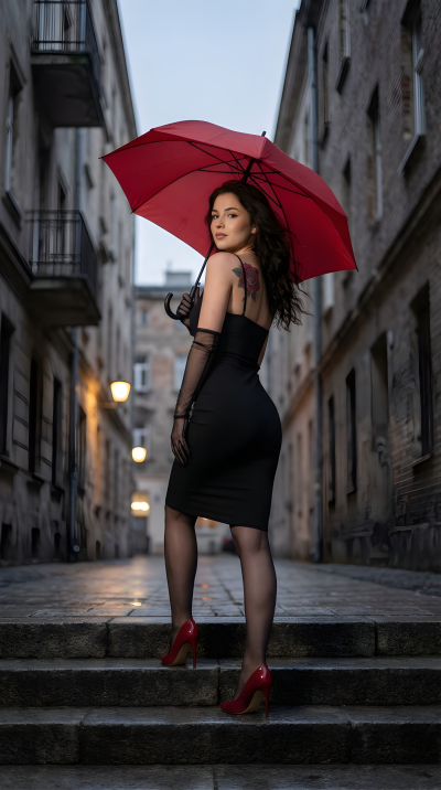Red Umbrella Black Dress Old City Seduction