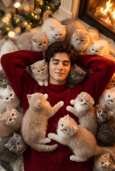 Nordic Fireplace Kitten Sea