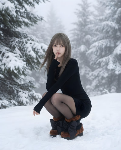 Girl In A Black Dress In A Snowy Forest