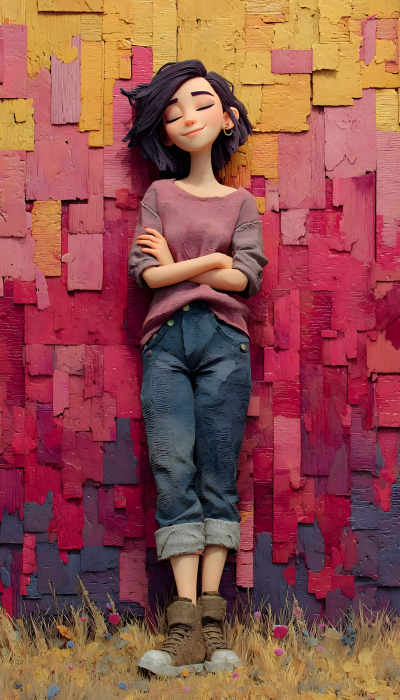 3D Style Woman Leaning Against Colorful Wall