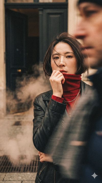 Cinematic Winter Steam Fashion Portrait