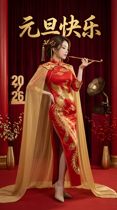 Crimson Gold Elegance A Vintage New Year 2026 Portrait