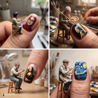 Miniature Artist Painting On A Giant Human Fingernail