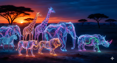 Animals And Humans Have Transformed Into Neon Glass Creatures.