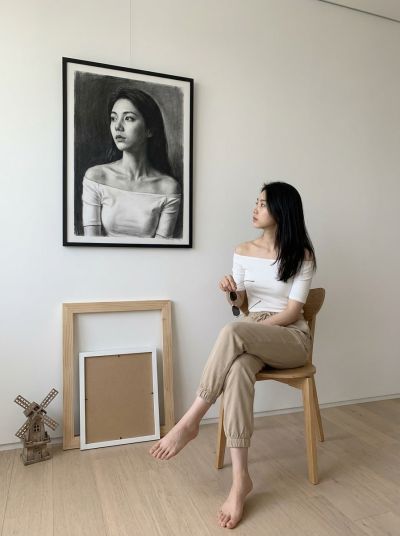 A Woman Sits Barefoot And Cross Legged On A Simple Wooden Chair.