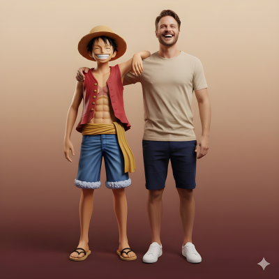 Hyperrealistic Full Body Portrait Interacting With Luffy
