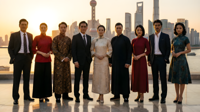 Group Photo In Celebrity Outfits At Shanghai Riverbank