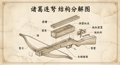 Exploded View Of Zhuge Repeating Crossbow In Vintage Style