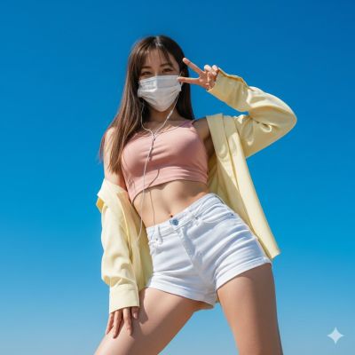 Masked Girl Giving A Peace Sign